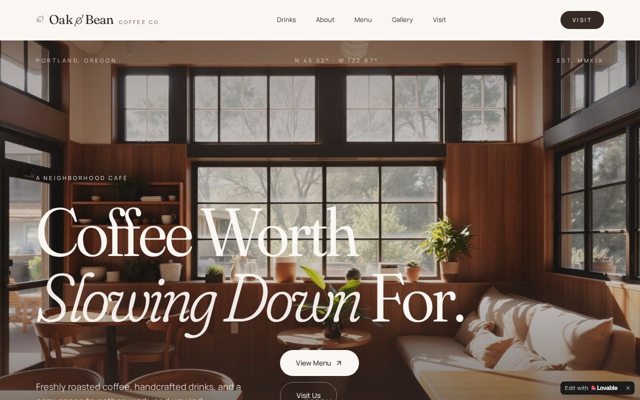 Oak & Bean Coffee Co. website screenshot
